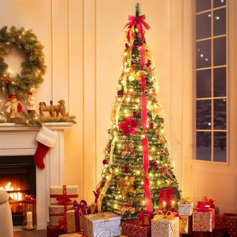 6.5 Ft Prelit Full Christmas Tree Decor Pop up Xmas Tree 250 Warm Lights,36 Ornaments,Red&Gold Ribbon,18 Flowers,26 Bows,Ul