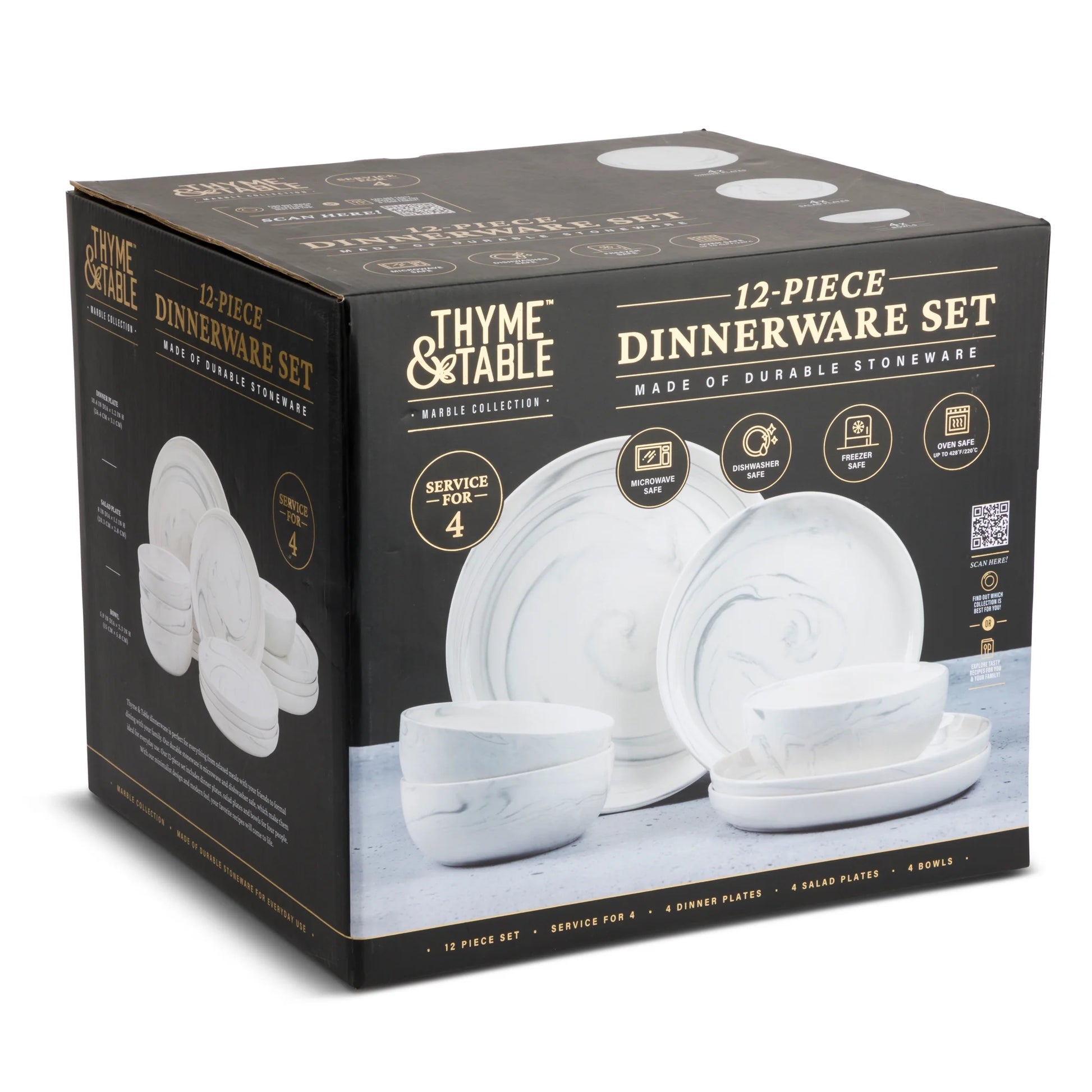 Dinnerware Grey Marble Stoneware, 12 Piece Set