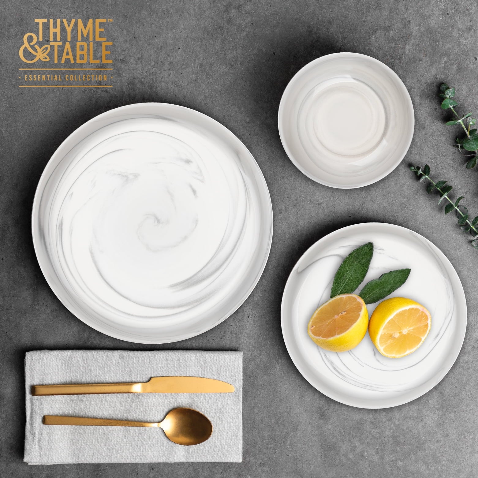 Dinnerware Grey Marble Stoneware, 12 Piece Set