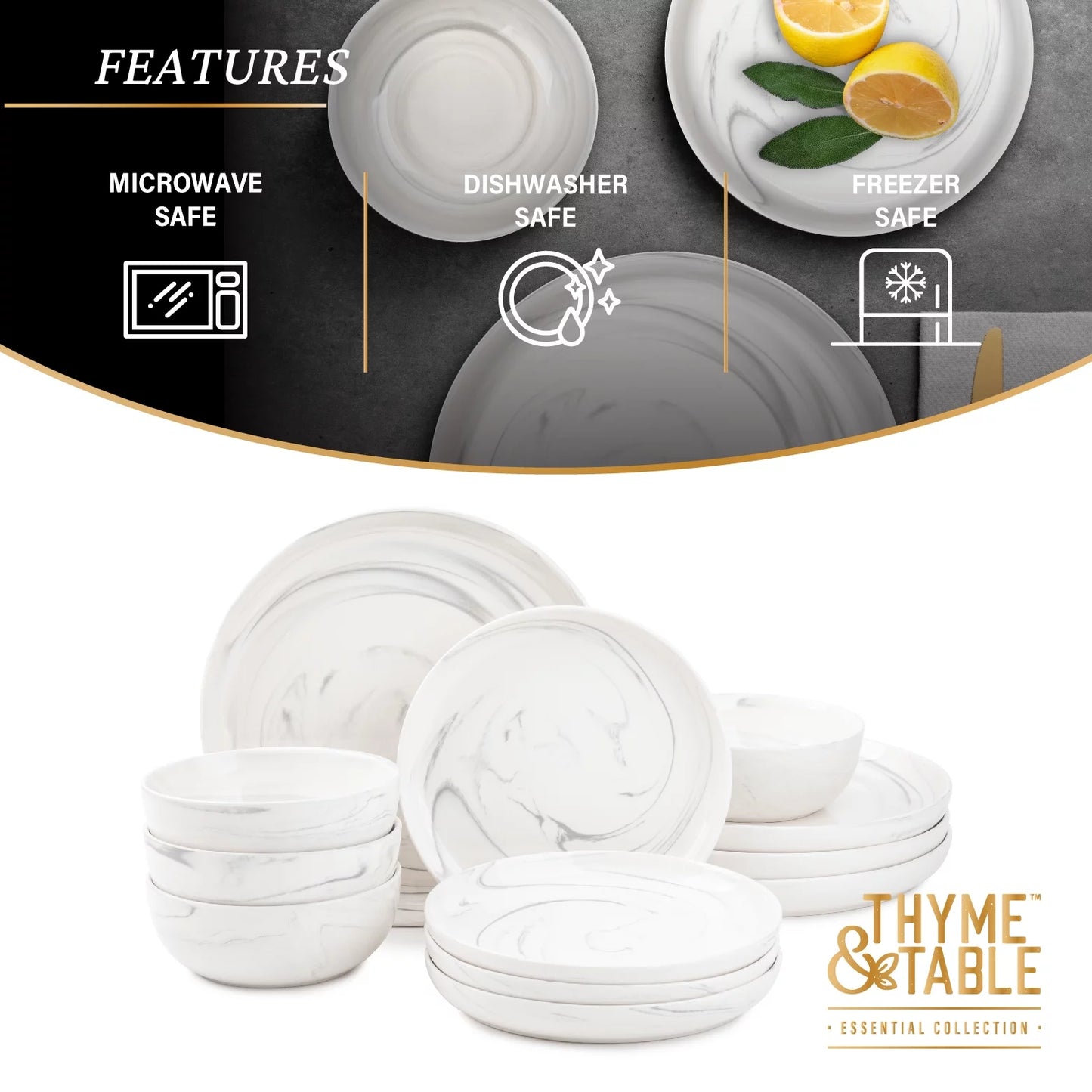 Dinnerware Grey Marble Stoneware, 12 Piece Set