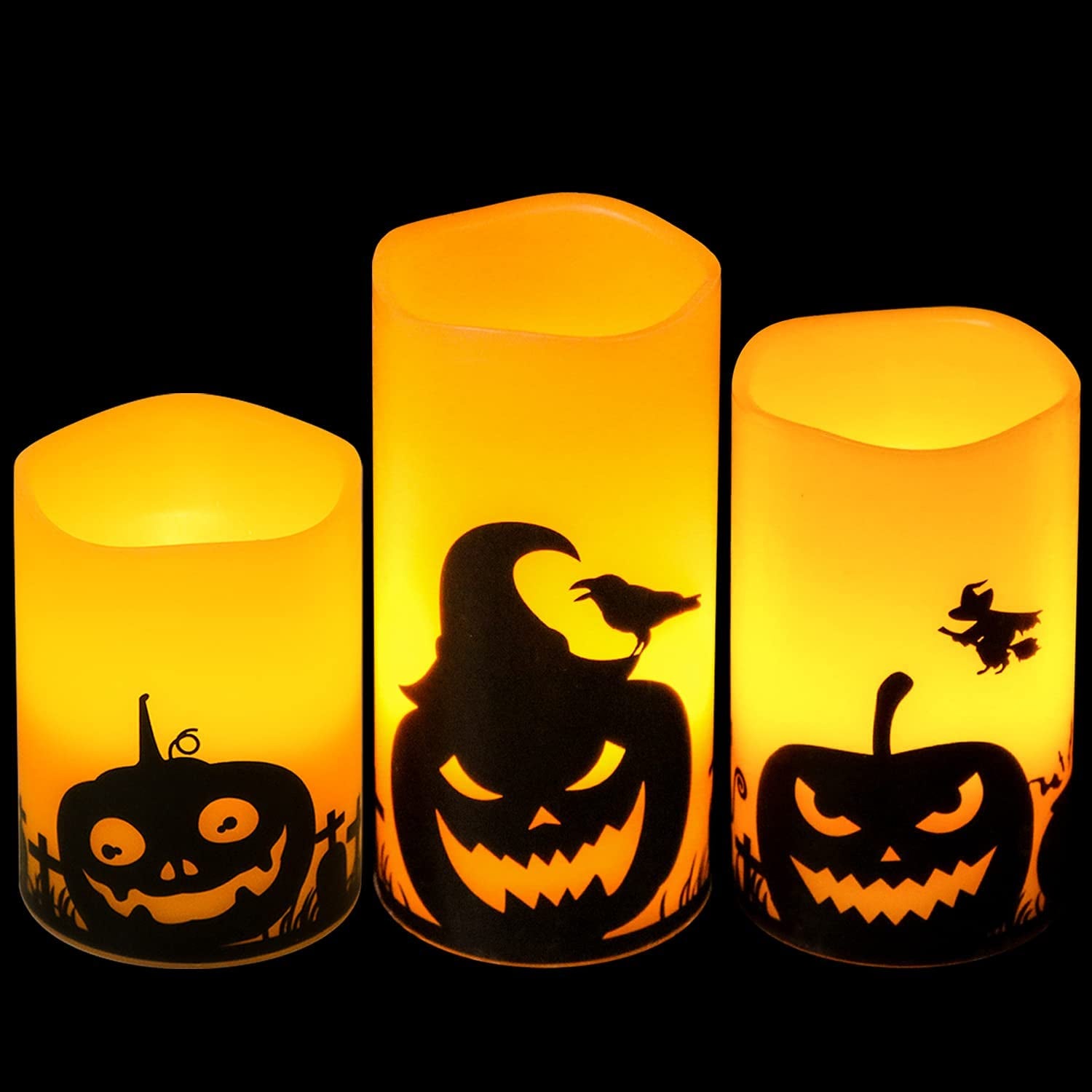 Halloween Flameless Candles, LED Flickering Battery Pillar Candles with 6H Timer and Pumpkin Decals, Spooky Fall Halloween Festival Party Decoration Set of 3 (D 3” X H 4” 5” 6”)