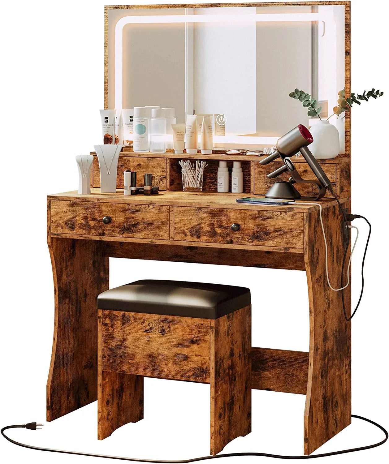 Vanity Desk Set with LED Mirror & Power Outlet, Makeup Vanity Table with 4 Drawers,For Bedroom, Bathroom, Vintage Brown