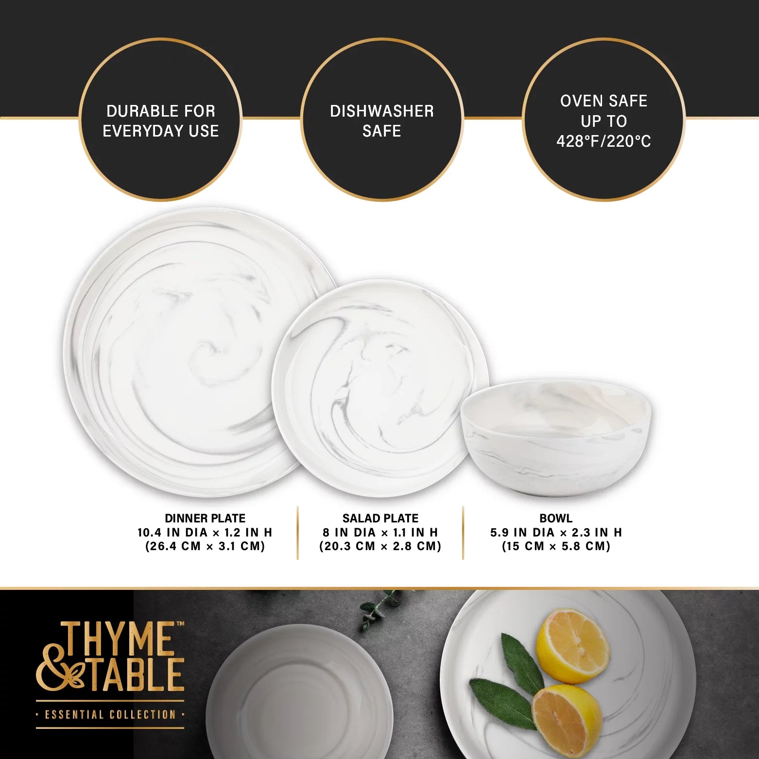 Dinnerware Grey Marble Stoneware, 12 Piece Set