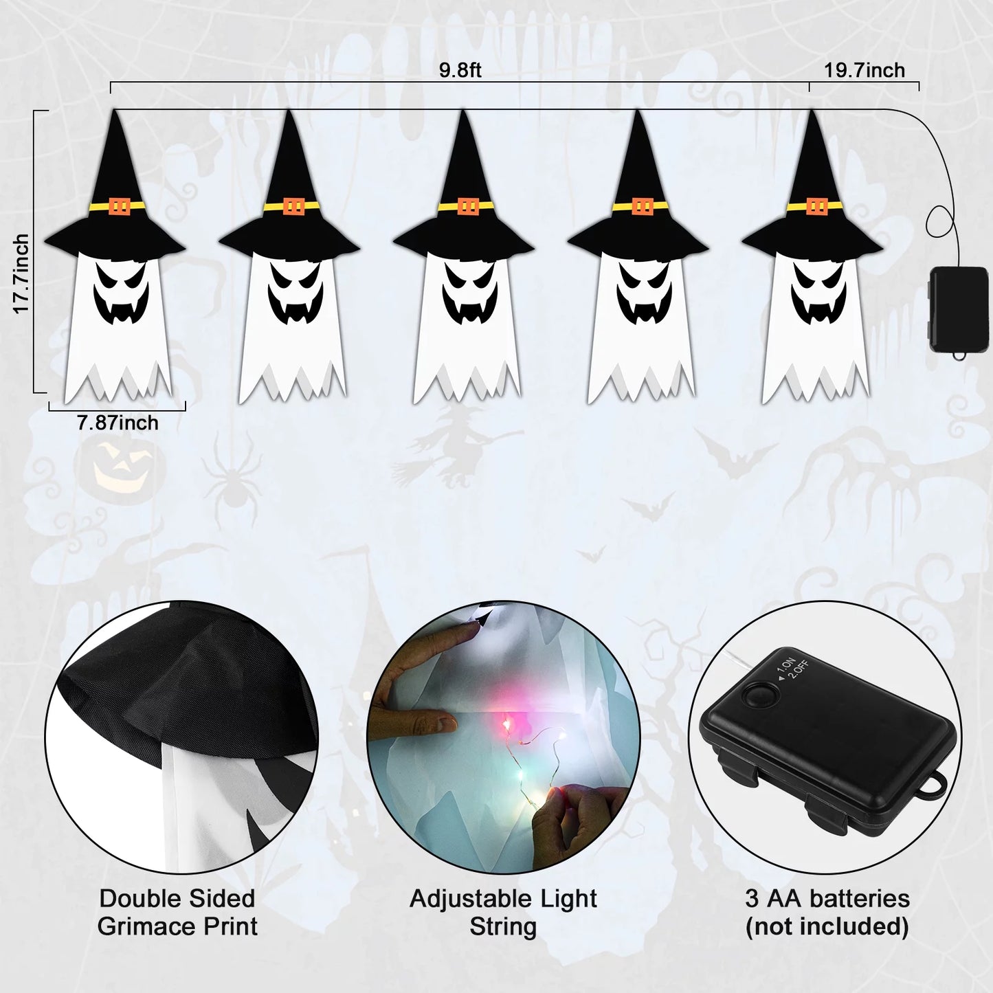 Halloween Decorations Hanging Outdoor String Lights Glowing Ghost Witch Hat Indoor Ornaments Halloween Lights for Home Tree Garden Yard (5 Pcs)