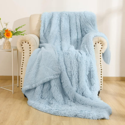 Light Blue Throw Blankets, Super Soft Shaggy Fuzzy Sherpa Blankets, Cozy Warm Lightweight Fluffy Faux Fur Blankets for Bed Couch Sofa Photo Props Home Decor, Washable 50"X60"