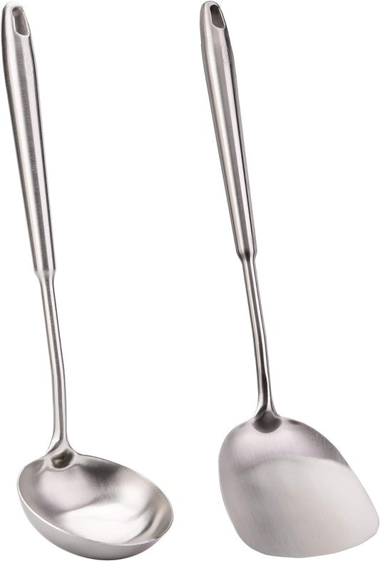 Wok Spatula and Ladletool Set, Chinese Wok Utensil Set, All Metal 304 Stainless Steel Cooking Utensils