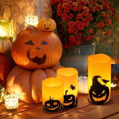 Halloween Flameless Candles, LED Flickering Battery Pillar Candles with 6H Timer and Pumpkin Decals, Spooky Fall Halloween Festival Party Decoration Set of 3 (D 3” X H 4” 5” 6”)