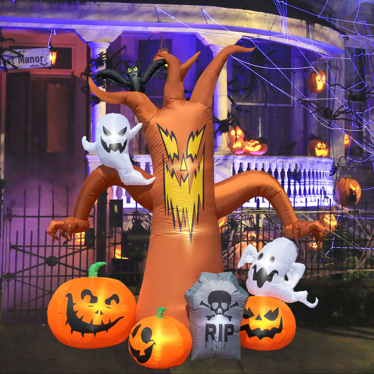 8Ft Halloween Inflatables Decorations Inflatable Dead Tree Outdoor Decorations with LED Lights Built-In Blow up Yard Decoration Pumpkin Ghost for Halloween Outdoor